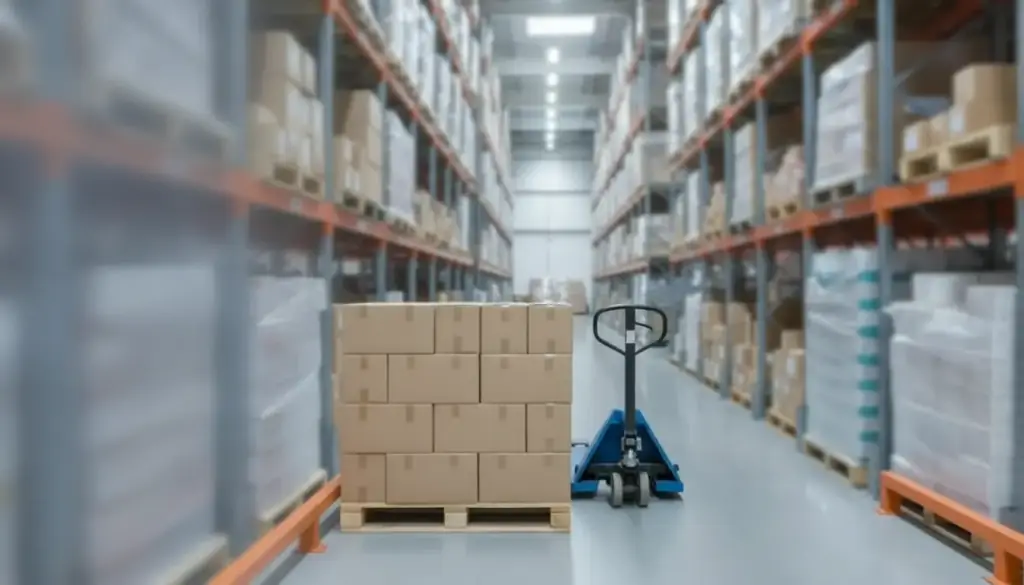 Cases packed across a pallet on the bottom beam of warehouse racking
